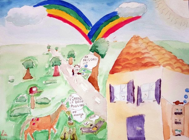 Paysage à l'aquarelle avec une maison, un arc-en-ciel et un cheval